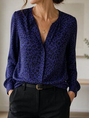 Max Studio 100% Silk Leopard Print Blouse – Navy/Black, Size L (NWT)